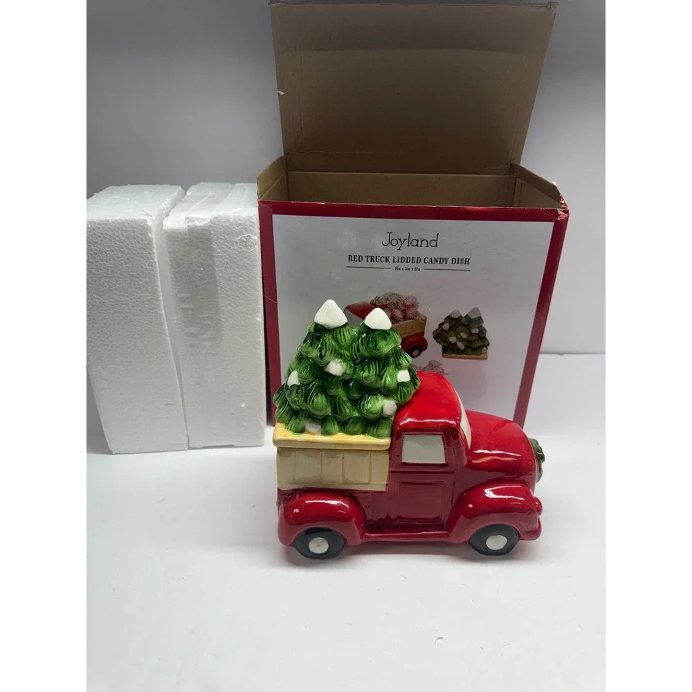 Joyland Red Truck Lidded Candy Dish Christmas Ceramic Holiday Decor 8x5x6in